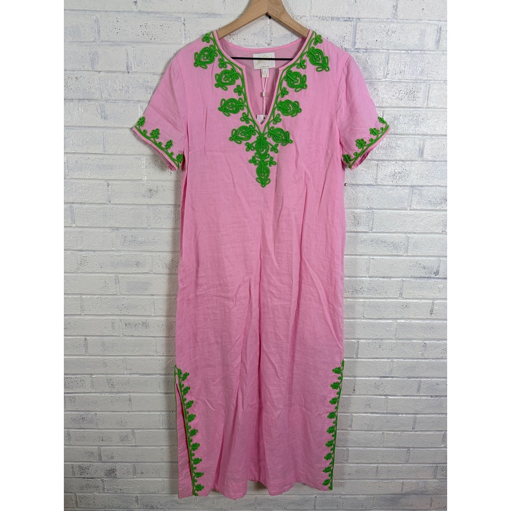 Lilly Pulitzer Ariella Linen Maxi Dress Women 12 Conch Shell Pink Embroidered